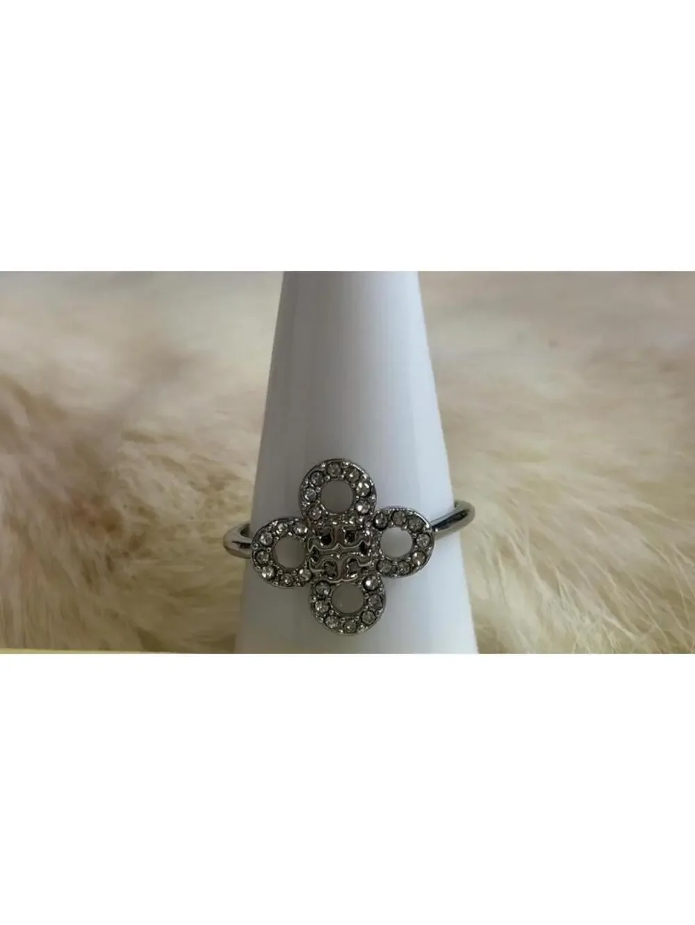 Tory Burch Silver Tone Crystal Ring Size 7.25